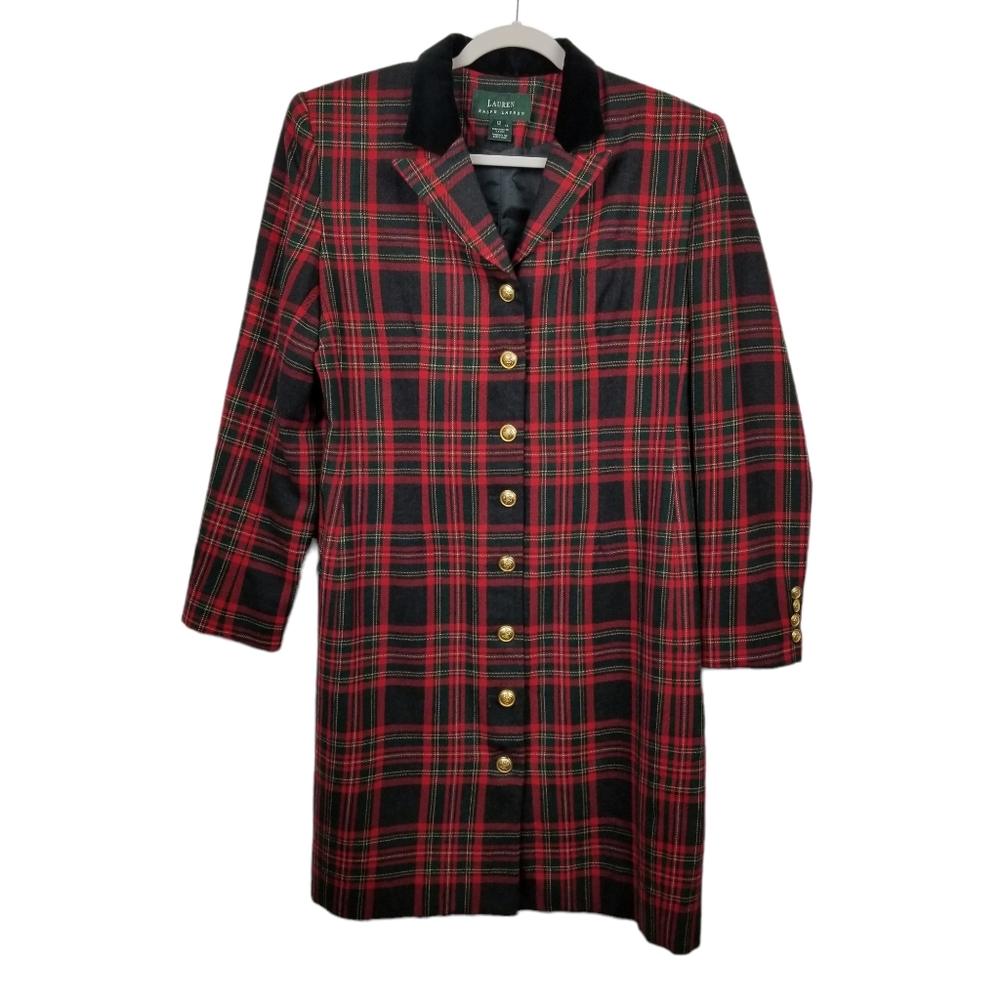 Lauren Ralph Lauren Vintage Red Green Plaid Tartan Wool Coat Jacket Size 12